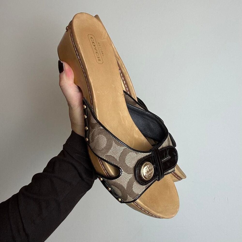 Coach Vintage Y2K Brown Signature C Monogram Canvas and Leather Wedge Sandals
